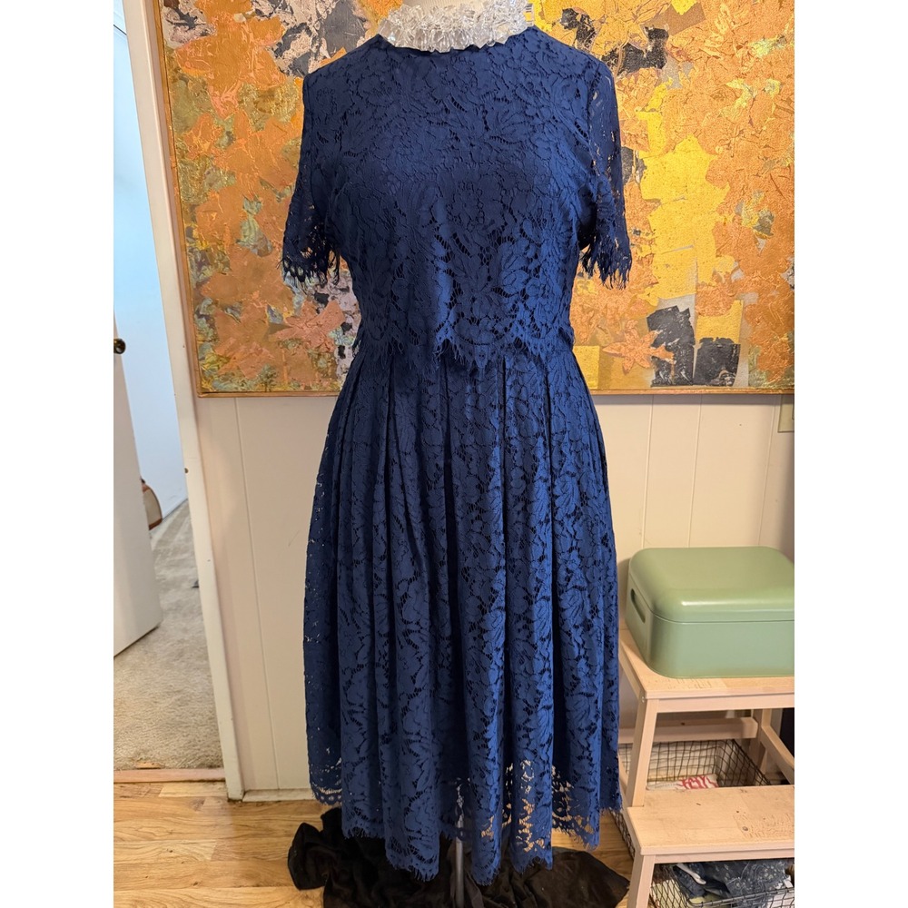 Just Me Navy Blue Floral Lace Midi Dress Short Sleeve Gold Zipper  Large